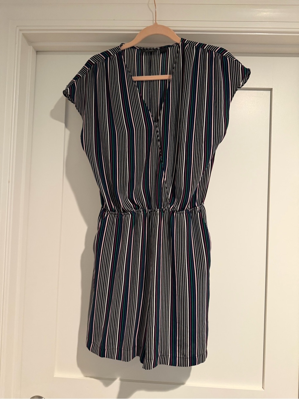 Halogen Navy, White & Teal Striped V-Neck Short Romper (sku- G-7)